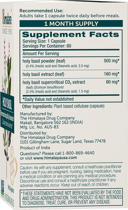 Himalaya Holy Basil Tulsi Herbal Supplement, Stress Relief, Relaxation, Occasional Sleeplessness, Promotes Calm, Energy Support, Ayurvedic, Non-GMO, Vegan, 720 mg, 60 Capsules, 30 Day Supply