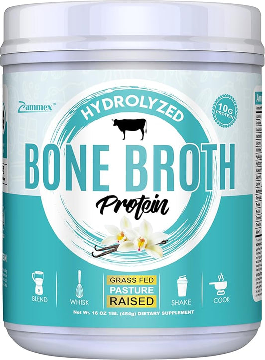 Zammex Bone Broth Protein Powder, Pure Grass Fed Beef, Vanilla Protein Powder,Hydrolyzed Collagen Supplement for Healthy Skin,Nails,Hair,Joints, Non-GMO,Gluten Free, Great in Shakes