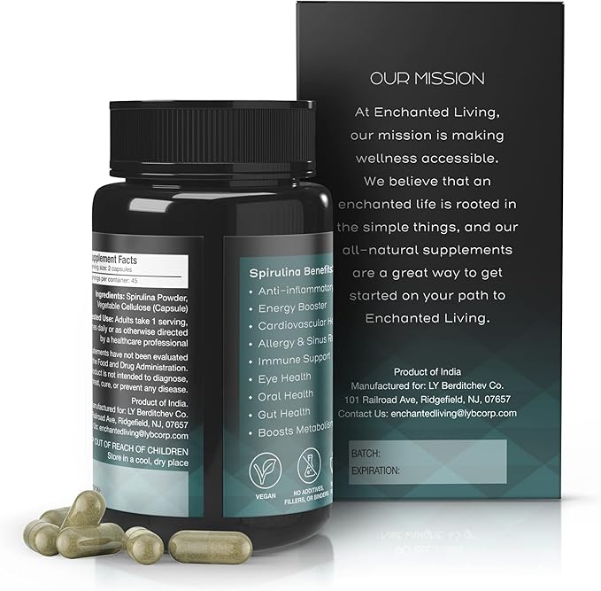 Spirulina Capsules - 90 x 500 mg, High-Potency Plant-Based Superfood, Supplements, Non-GMO Vegetable Cellulose Vegan Friendly Capsules