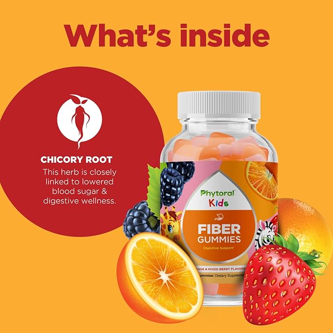 High Prebiotic Fiber Gummies for Kids - Dietary Fiber Supplements for Digestion & Constipation - Chicory Root Kids Immune Gummies - Non-GMO & Vegan Digestive Nutritional Supplements - 60 Count