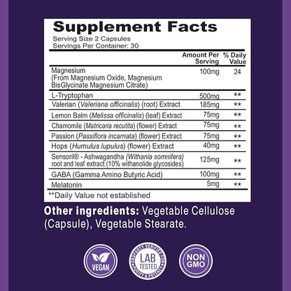 Natural Sleep Aid | Non-Habit Forming | Herbal Sleep Supplement for Better Sleep with Valerian, Melatonin, Magnesium, and Ashwagandha | Sleeping Pills for Adults (60 Vegan Capsules)
