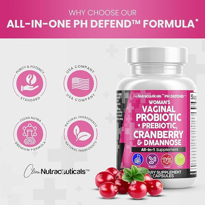 Clean Nutraceuticals Vaginal Probiotics for Women + Prebiotics 20 Billion Cranberry Pills w D-Mannose 500 mg for Urinary Tract Health pH Balance - for Vaginal Health Supplements Pills - 2Pack