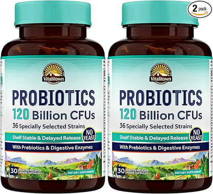 Vitalitown Probiotics 120 Billion CFUs | 36 Strains, with Prebiotics & Digestive Enzymes for Men Women | Shelf Stable | Digestive & Immune Support | Vegan | 60 Delayed Release Veg Caps