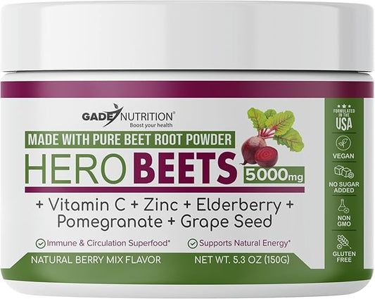 Gade Nutriition Hero Beets - Organic Beet Root Powder - Non-GMO Superfood Supplement - with Elderberry, Pomegranate, Grape Seed - Natural Berry Flavor, 30 Servings
