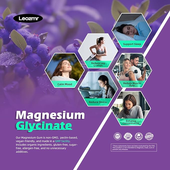 Magnesium Glycinate Gummies 1000mg - Sugar Free Magnesium Potassium Supplement with Vitamin D, B6, CoQ10 for Calm Mood & Sleep Support - 120 Blueberry Gummies