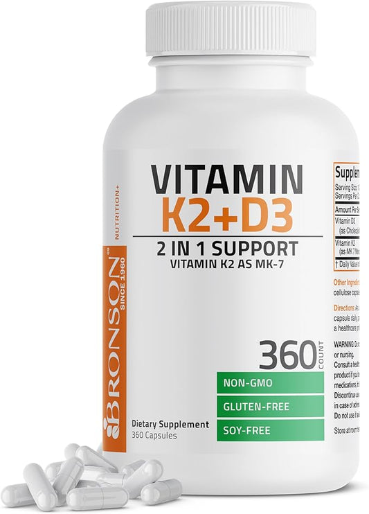 Bronson Vitamin K2 (MK7) with D3 Supplement Non-GMO Formula 5000 IU Vitamin D3 & 90 mcg K2 MK-7 Easy to Swallow D & K Complex, 360 Capsules