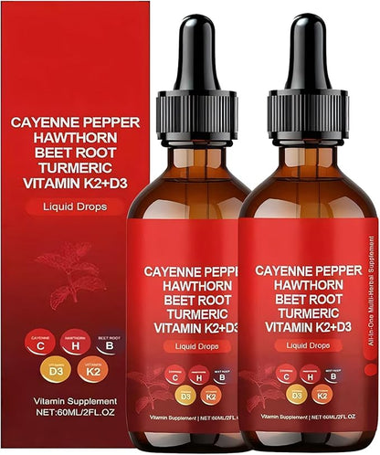 Cayenne Pepper Drops, 60ml Clean Cayenne Pepper Hawthorn Beet Root Drops ，2 Bottles -（60-Day Supply）
