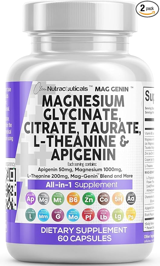 Magnesium Glycinate Complex 1000mg with L-Theanine 200mg Apigenin 50mg Citrate Taurate Supplement - 5-HTP GABA Passion Flower Lemon Balm L-Glycine Phosphatidylserine Ashwagandha - 2Pack