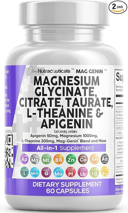 Magnesium Glycinate Complex 1000mg with L-Theanine 200mg Apigenin 50mg Citrate Taurate Supplement - 5-HTP GABA Passion Flower Lemon Balm L-Glycine Phosphatidylserine Ashwagandha - 2Pack