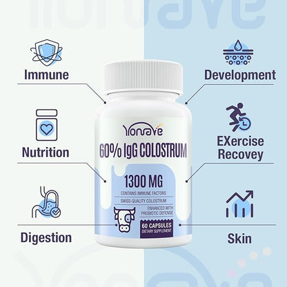 Bovine Colostrum Capsules Supplement 1300mg - Extra High 60% IgG Bovine Colostrum - Gut, Bone, Exercise, Immune - 60 Capsules