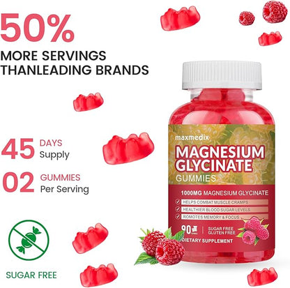 Magnesium Gummies 1000mg -Magnesium Glycinate Supplement and Magnesium L-Threonate Gummy,Sugar Free Magnesium Potassium Supplement for Calm Mood, Muscle, Bone & Sleep Support 90 Raspberry Gummies
