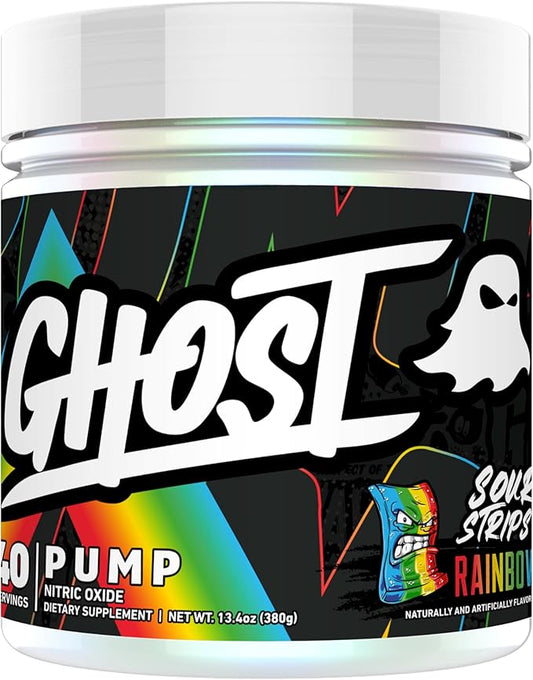 GHOST Pump Nitric Oxide Powder, Sour Strips Rainbow - 40 Servings - Sugar & Stim-Free Pre-Workout Supplements - L-Citrulline, Arginine Nitrate & L-Glutathione - Soy & Gluten-Free, Vegan