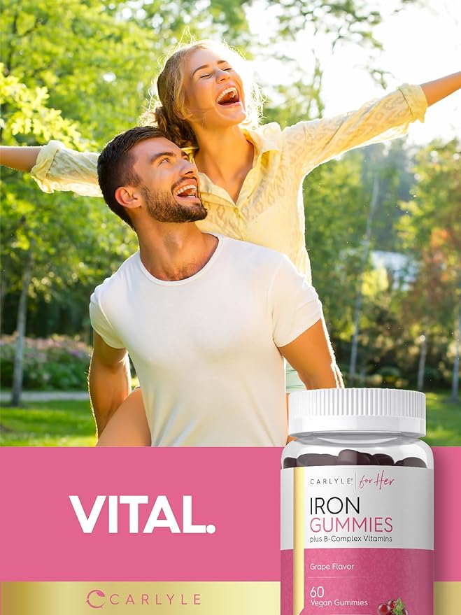 Carlyle Iron Gummies | Plus B-Complex Vitamins | 60 Vegan Gummies | Grape Flavor | Non-GMO, Gluten Free Supplement