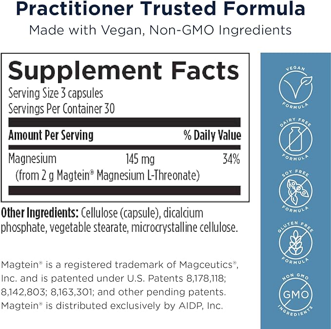 Designs for Health NeuroMag Magnesium L-Threonate - Chelated Magnesium Supplement from Magtein for Brain Health & Cognitive Function - Bioavailable Magnesium L Threonate (90 Vegan Capsules)