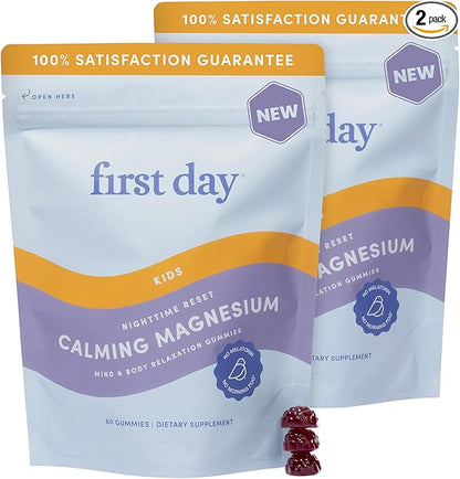 First Day Kids’ Nighttime Reset Calming Magnesium Gummies – Sleep Aid to Support Calm & Relaxation – Bedtime Supplement with Magnesium Citrate, Suntheanine & No Melatonin – 60-Day Supply