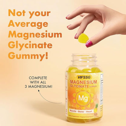 Magnesium Glycinate Gummies 500 Mg, Triple Magnesium Complex Sugar-Free Gummies with Malate 400 Mg, Citrate 400 Mg, Magnesium Supplement Chewable for Women & Men Vegan, Organic 60 Count