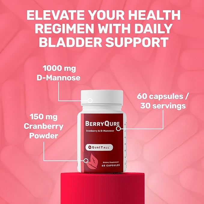 BerryQure Cranberry & D-Mannose Supplements for Women - D-Mannose Pills with Cranberry Juice Powder, Hibiscus Flower & Dandelion Herb Supports Urinary Tract Health - 60 Capsules