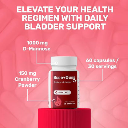 BerryQure Cranberry & D-Mannose Supplements for Women - D-Mannose Pills with Cranberry Juice Powder, Hibiscus Flower & Dandelion Herb Supports Urinary Tract Health - 60 Capsules
