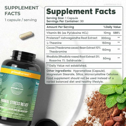 Primal Harvest Stress Relief Supplement for Women and Men Pure Ashwagandha Root Extract, L-Theanine Supplements, 60 Capsules