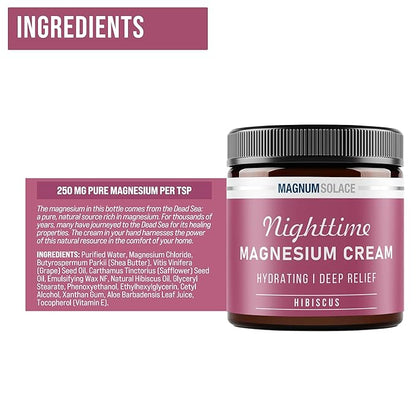 Magnesium Cream – Magnesium Chloride Cream – Topical Magnesium Cream for Nighttime Relief for Leg Cramps, Sleep & Muscle Soreness – Safe for Kids (Hibiscus)
