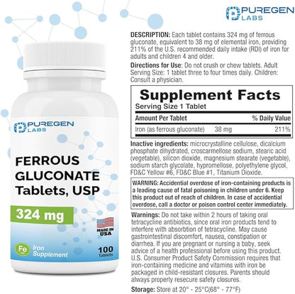 Puregen Labs Ferrous Gluconate 324 mg [High Potency] Iron Supplement, Gentle on Stomach | 2 Pack - 200 Tablets Total