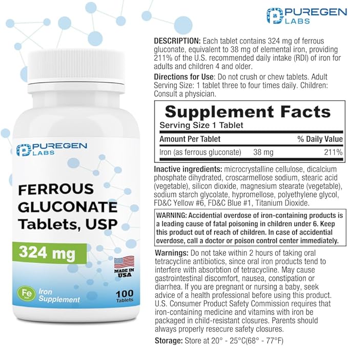 Puregen Labs Ferrous Gluconate 324 mg [High Potency] Iron Supplement, Gentle on Stomach | 3 Pack - 300 Tablets Total