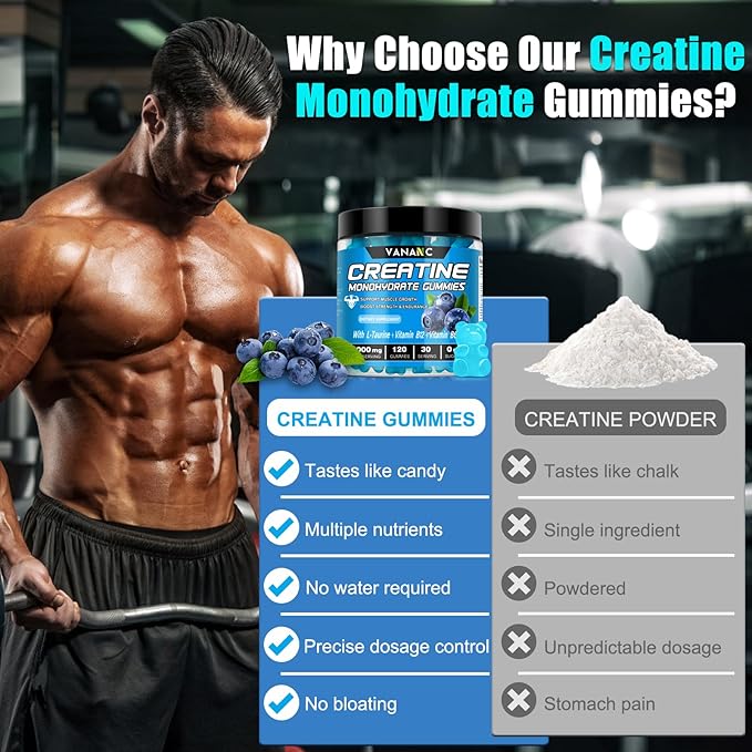 Creatine Monohydrate Gummies 5000g for Men Women, Sugar Free Chewables Creatine Pre-Workout Supplement with L-Taurine + Vitamins for Muscle Strength, Boost Energy & Endurance,120 Gummies-Blueberry