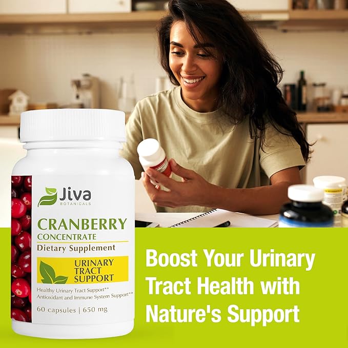 Jiva Botanicals Concentrated Cranberry Supplement - 650 mg Cranberry Powder Extract Pills for Women - High Potency for Normal Urinary Tract Health - 60 Capsules