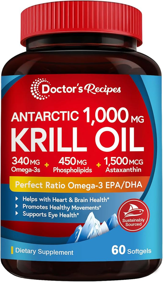 Doctor's Recipes Antarctic Krill Oil Omega 3 Supplement, 1000mg Softgels, DHA:EPA at 1:2 Perfect Ratio, 1.5mg Astaxanthin, Clean Extraction, No Fish Taste, Brain, Eye Health, Non-GMO