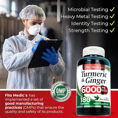FITO MEDIC'S Lab | Tumeric and Ginger Supplement | 6000 mg | 180 Caps | Tumeric and Ginger | Ginger Supplements | Turmeric | Turmeric Supplements | Ultra high Absorption, s.