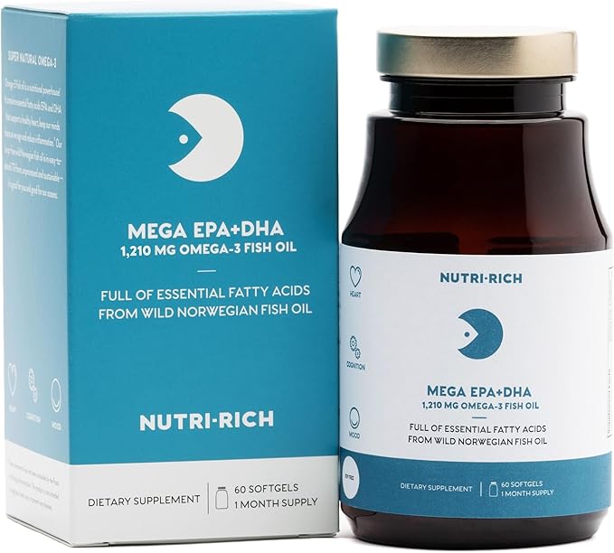 Nutri-Rich Mega EPA + DHA Fish Oil Softgels Norwegian Sustainable Omega 3 Supplements Fatty Acids, Gluten-Free, Burp-Free, Lemon Flavor, 1,210 mg Omega for Heart Health Support (60 Count)