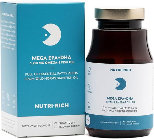 Nutri-Rich Mega EPA + DHA Fish Oil Softgels Norwegian Sustainable Omega 3 Supplements Fatty Acids, Gluten-Free, Burp-Free, Lemon Flavor, 1,210 mg Omega for Heart Health Support (60 Count)