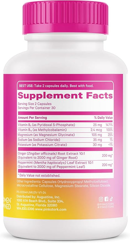 Pink Stork Vitamin B6, Ginger, Electrolyte Capsule - Natural Digestive Support with Peppermint, Potassium, Magnesium - Gentle on The Stomach - Pregnancy, + Motion Sickness Must Haves - 60ct