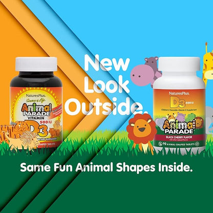 Natures Plus Animal Parade Vitamin D3 Children’s Chewables - Black Cherry Flavor - 90 Animal-Shaped Tablets - Gluten Free, Vegetarian, Hypoallergenic - 90 Servings