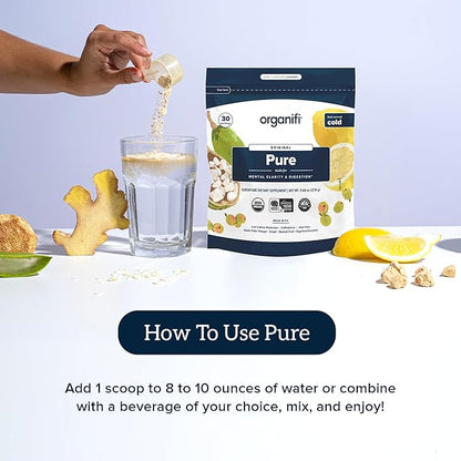 Organifi Pure - Promotes Stimulation in Learning, Memory, Focus, and Clarity - Brain Support with Superfoods - Gluten-Free and Non GMO - Best Served Cold, 30 Servings