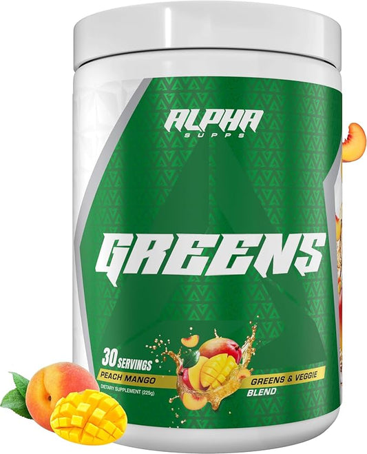 Alpha Greens Supplement | Fruit & Vegetable Superfood Powder | Over 40 Natural Plant Based Ingredients | Prebiotic & Probiotic Digestive Support Blend - 30 Servings (Peach Mango)