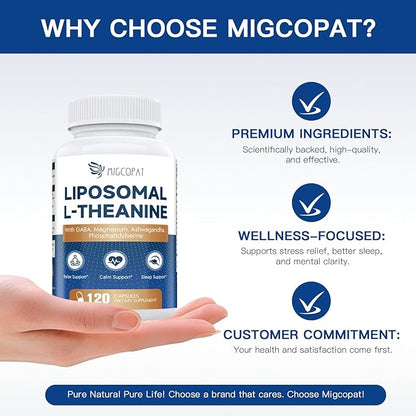 Liposomal L-Theanine 800mg with GABA, Magnesium, Ashwagandha, Phosphatidylserine, Vitamin B6 & B12 - Calm, Sleep, Relaxation & Mood Support for Women & Men, Vegan - 120 Capsules