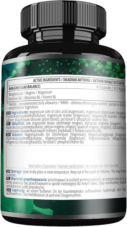 Magnesium Balance - 180 Vegan Capsules - 281.5 mg Highly Absorbable Magnesium Per Serving - Enhanced with Active Vitamin B6-2 Months Supply - Promoting Vitality & Wellness - by Apollo's Hegemony