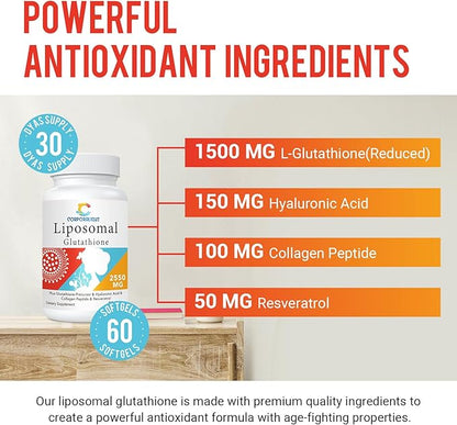 Liposomal Glutathione – High Potency, Glutathione Supplement, with Hyaluronic Acid, Collagen Peptides, and Resveratrol, Ultimate Antioxidant - Energy, Skin & Detox, 120 Softgels