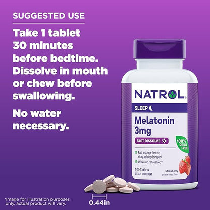 Natrol Fast Dissolve Melatonin 3 mg, Supplements for Restful Sleep, Sleep Support for Adults, 200 Strawberry-Flavored Melatonin Tablets, Up to a 200 Day Supply