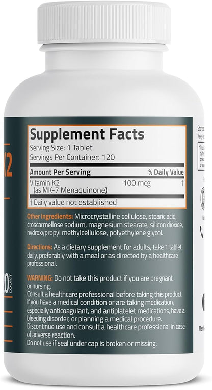 Bronson Vitamin K2 MK-7 100 MCG, K2 as MK7 Menaquinone, Bone Support Non-GMO, 120 Tablets