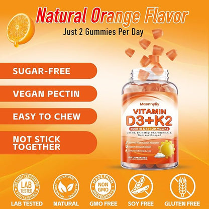 Vitamin D3 K2 Gummies for Adults - Vitamin D3 5000IU + K2 (MK-7) 120mcg - Sugar-Free D3 and K2 Supplements with Omega-3, Methyl B12, B9, B6, Vitamins E & Zinc - for Calcium Absorption & Immune Health