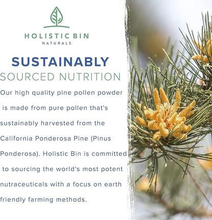 Holistic Bin Pine Pollen Capsules 500mg (Pinus Ponderosa) - Wild Harvested California Ponderosa Pine Pollen Powder - Olympic Grade - Organic, Non-GMO, No Fillers - 30 Day Supply (40 Capsules)