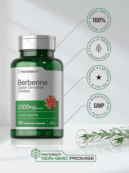 Horbaach Berberine with Ceylon Cinnamon | 2000mg | 120 Veggie Capsules | Vegetarian, Non-GMO & Gluten Free Supplement | Berberine Complex