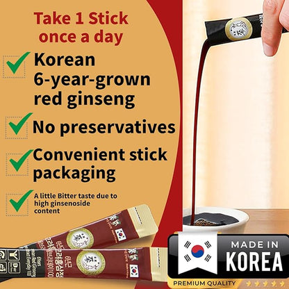 30 Pack of 0.53oz Korean Red Ginseng Extract Sticks - 6-Year-Old Ginseng for Optimal Benefits for You - Daily Upgrade - Perfect for Pre/Post Workout (30 Sticks of 0.53oz)