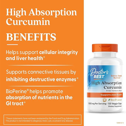 Doctors BEST High Absorption Curcumin from Turmeric Root, Supports Joint Health, Non-GMO, Gluten Free, Soy Free, Vegan 120 Veggie Caps