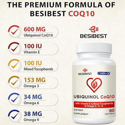 Ubiquinol CoQ10-600mg-Softgel, Active Coq10 Ubiquinol Supplement with Vitamin E & Omega 3, 6, 9, High Absorption-Coenzyme-Q10, Powerful Antioxidant for Energy Production, Tested, 60 Count