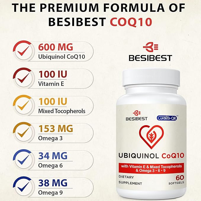 Ubiquinol CoQ10-600mg-Softgel, Active Coq10 Ubiquinol Supplement with Vitamin E & Omega 3, 6, 9, High Absorption-Coenzyme-Q10, Powerful Antioxidant for Energy Production, Tested, 120 Count