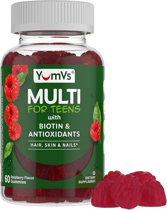 YumVs Teen Multivitamin Gummies with Biotin and Antioxidants - Raspberry Flavor - Hair Skin Nails Support - Vegetarian Kosher Teen Vitamins for Boys and Girls 12-17 - Teen Gummy Vitamins (60 Count)