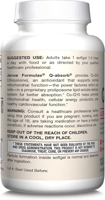 Jarrow Formulas Q-absorb Co-Q10 100 mg, Dietary Supplement, Antioxidant Support for Mitochondrial Health, Cellular Energy Production and Cardiovascular Health, 120 Softgels, 120 Day Supply